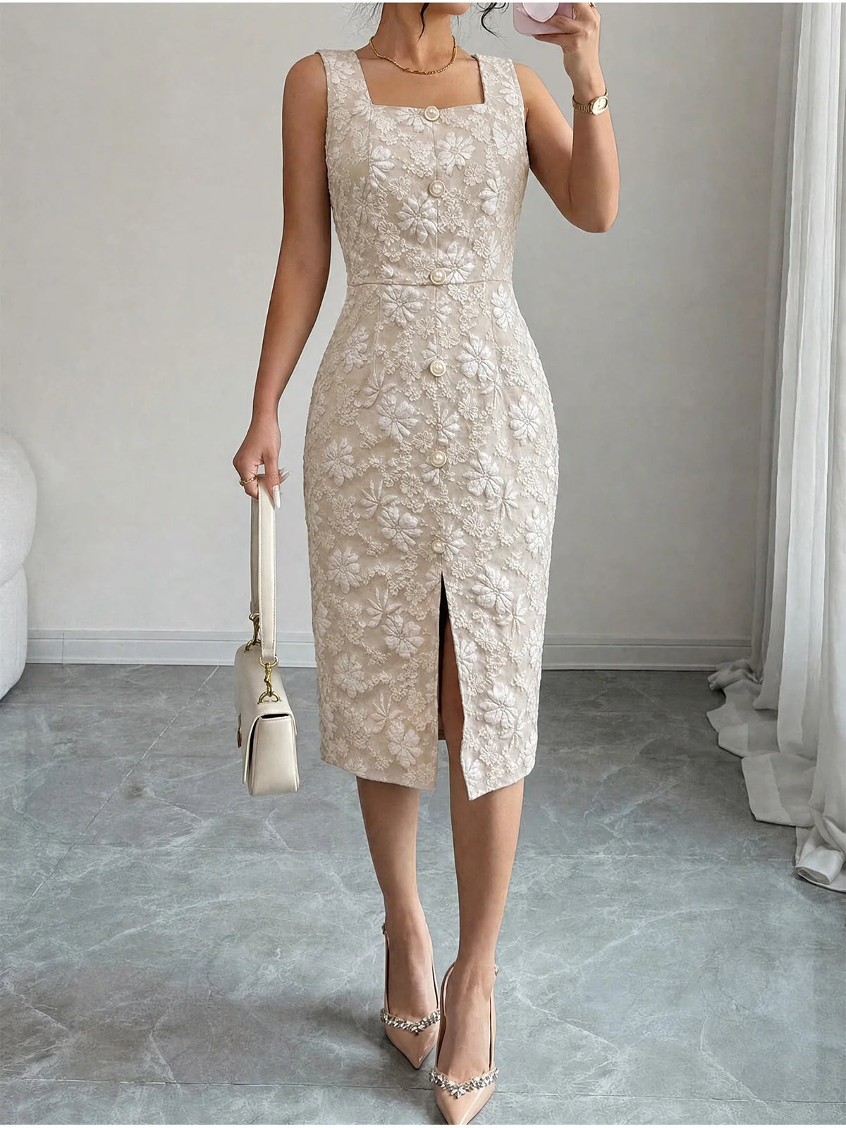 Women's Square-Neck, Single-Breasted Jacquard Midi Skirt; Sleeveless, Slim-Fit, Slit, Hip-Hugging Dress.