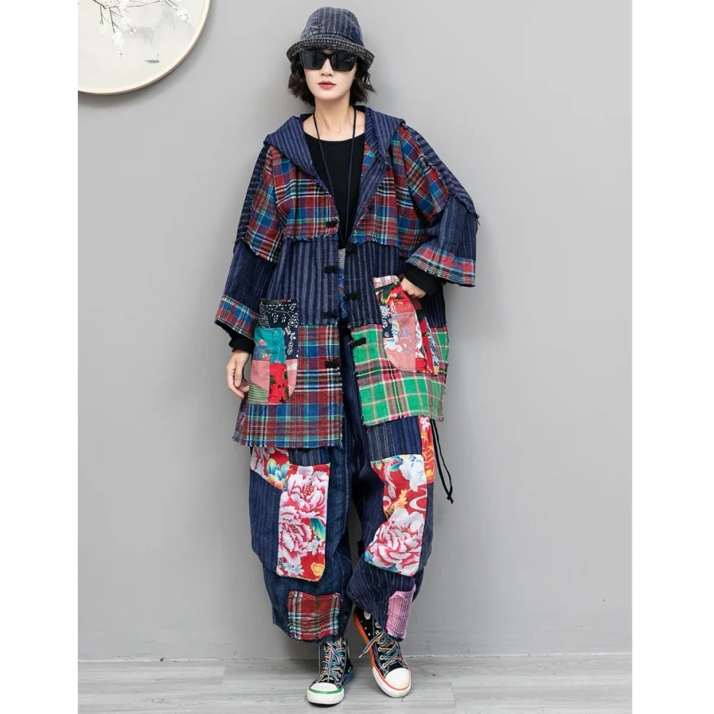 Set Niche Vintage-style Women Autumn Pant Set Cardigan Hooded Mid-length Coat + Loose Wide-leg Pants Two Piece Set LX6878