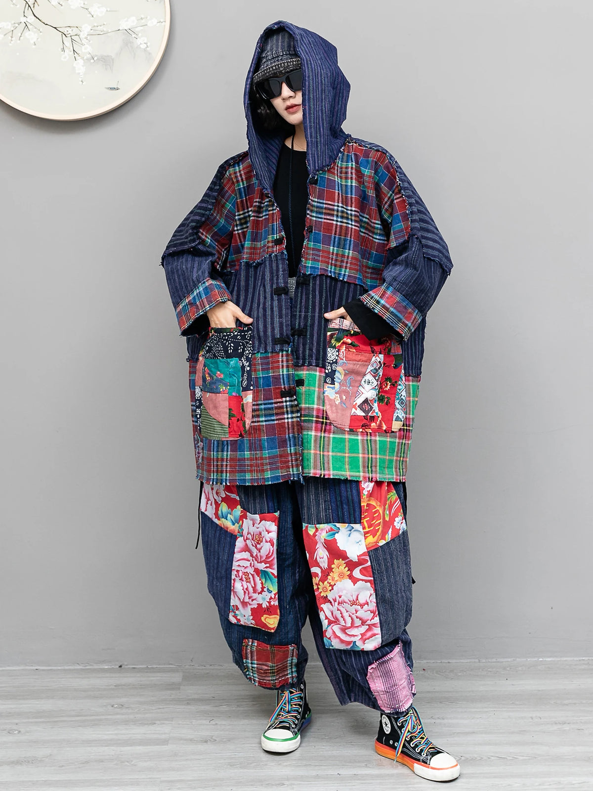 Set Niche Vintage-style Women Autumn Pant Set Cardigan Hooded Mid-length Coat + Loose Wide-leg Pants Two Piece Set LX6878