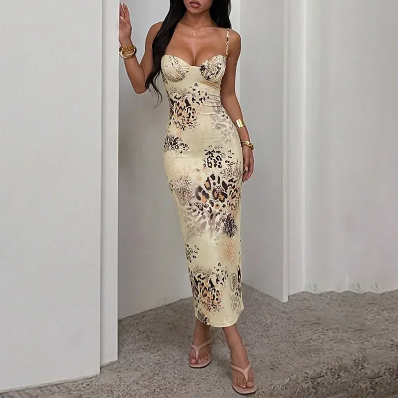 Casual Dress Women Leopard Print Midi Dress 2026 Sweetheart Ruched Spaghetti Strap Bodycon Dresses Summer Party Vacation Club Casual Gowns