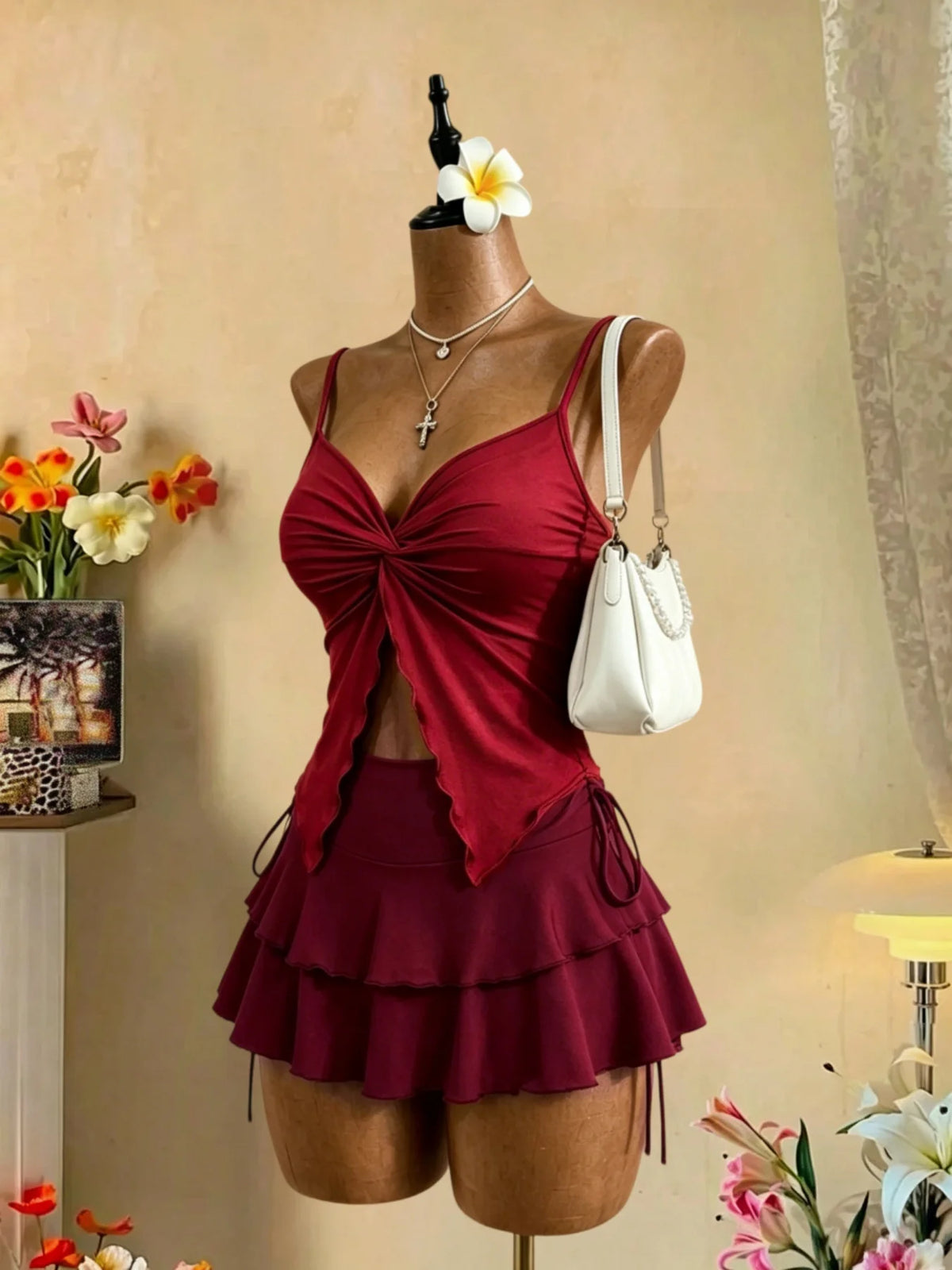 Women 2 Piece Outfit V Neck Knot Front Cami Top + High Waist Tie Side Ruffle Mini Skirt Y2K Sexy Vacation Party Matching Set