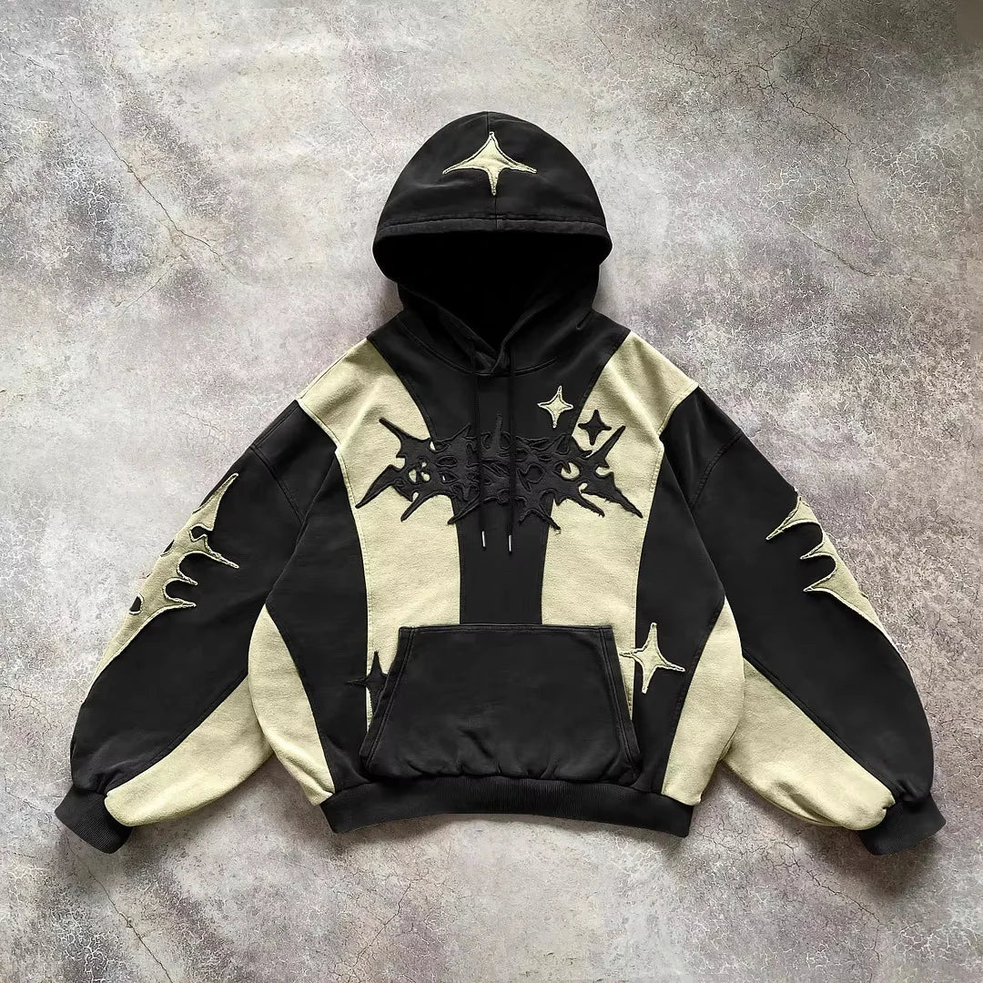 Y2K Gothic Oversized Hoodie Star Patch Embroidery Color Contrast Spliced Sweatshirt Hip Hop Streetwear Loose Pullover For Men Wo