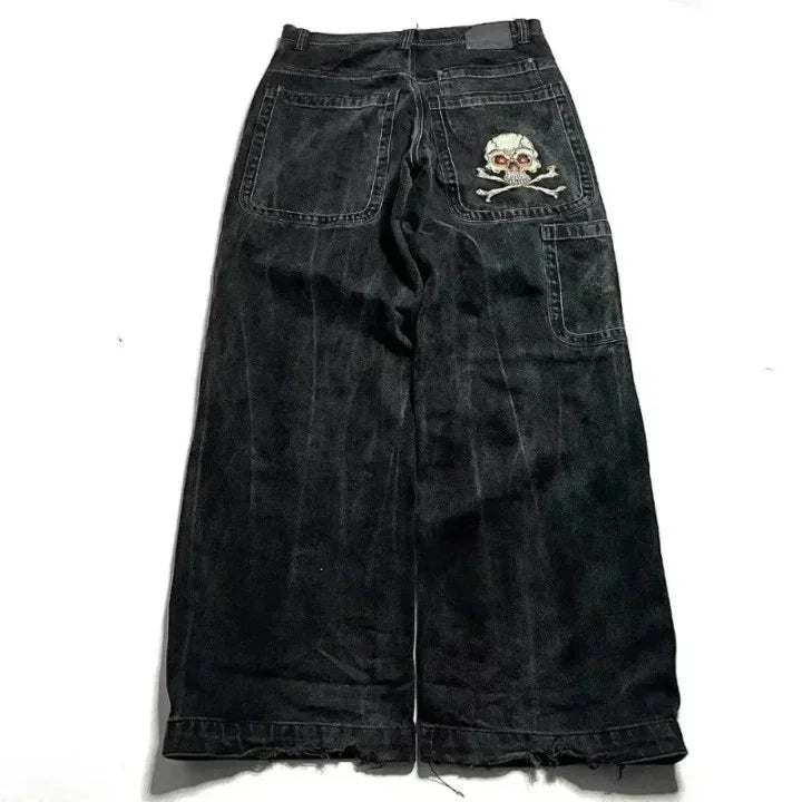 Men Harajuku Hip Hop Jeans Retro Gothic Y2K High Waist Baggy Wide Leg Denim Pants Embroidered Pattern Blue Streetwear Trousers