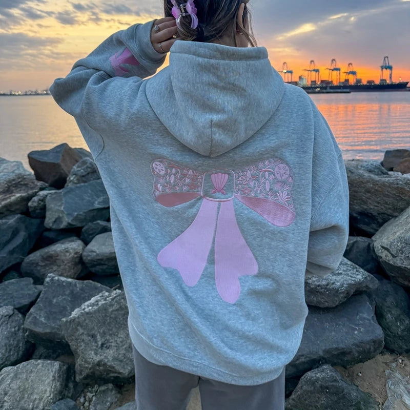 2000s Retro Cute Oversized Hoodies for Teen Girls Women Embroidery Bow Print Sweatshirt Preppy Long Sleeve Pocket Hoodies