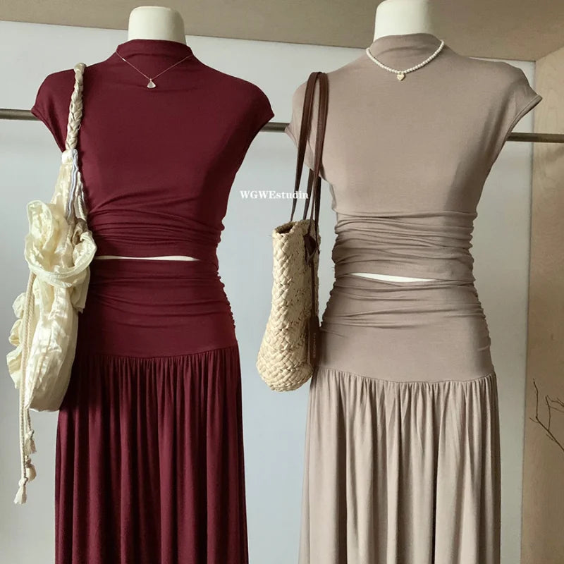 Elegant Women's Two-Piece Set Elastic Slim Fit Sleeveless T-Shirt Top Long Dress Casual Style Spring Summer Fashion Ensemble