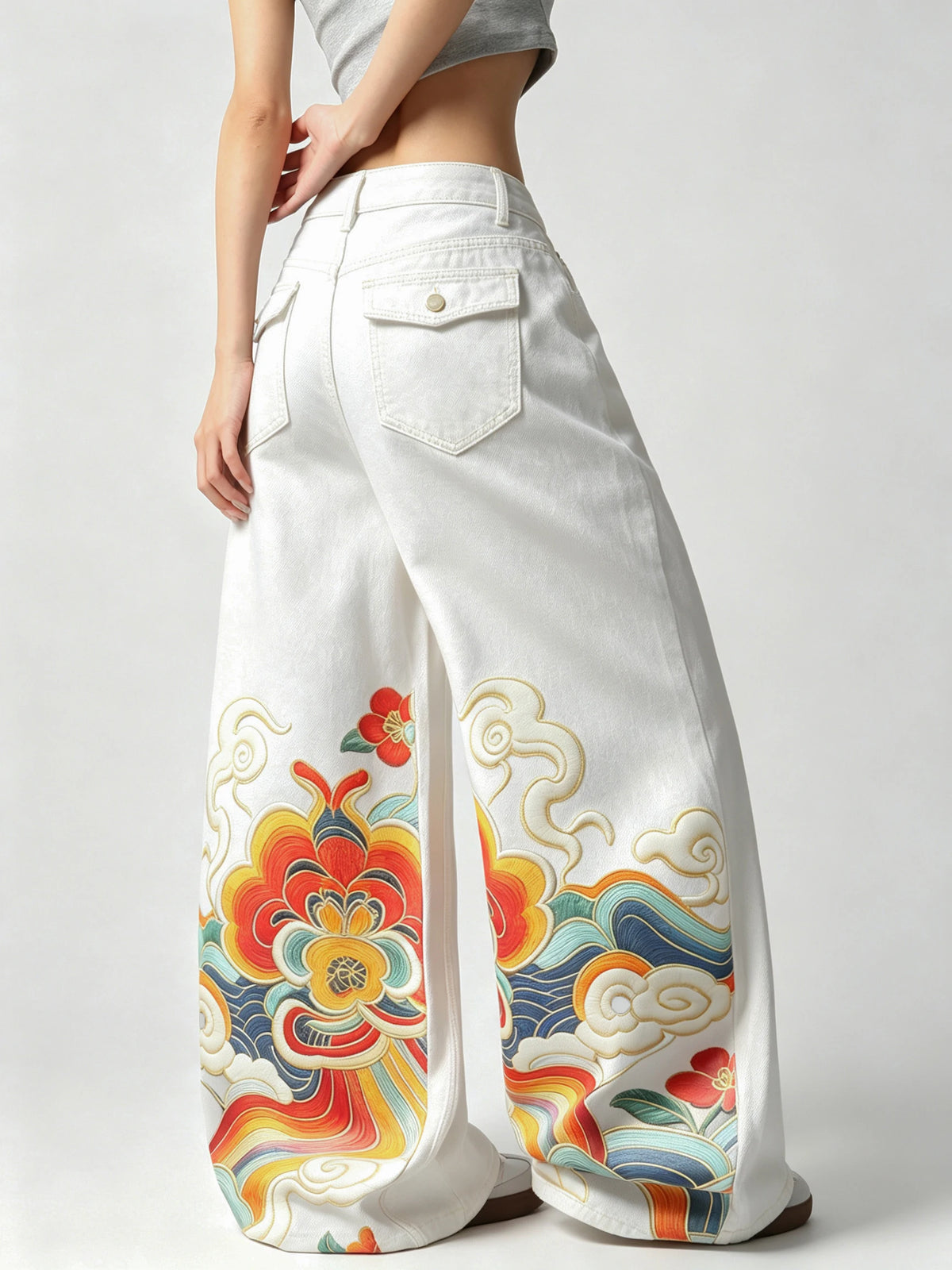 American Street Women's Retro White Wide-Leg Jeans With Colorful Cloud And Floral Prints Y2K Streetwear Trendy Fashion High-Waist Baggy Stylish Long Pants