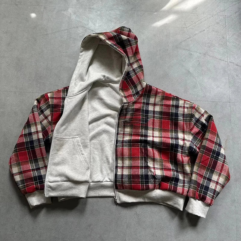 Korean Fashion Double Side Wear Plaid Hoodies Women Autumn Winter Zip Up Y2K Hooded Shirt Coats Trendy Female Loose Sweatshirts