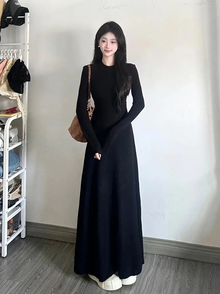 Dress Autumn Winter Women's Long Sleeve Base Layer Dress Slim Fit High Waist A-Line Skirt Korean Style Commute High Quality Dress