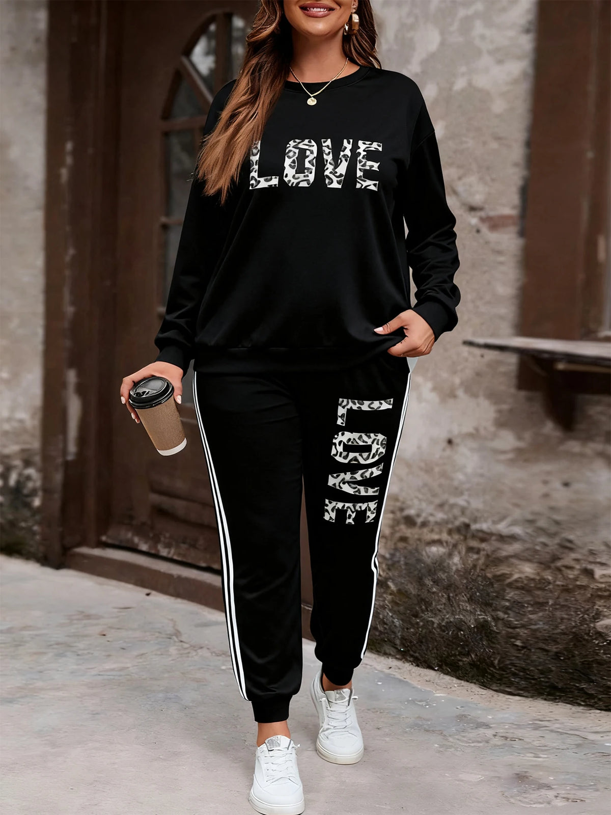 Plus Size Women 2 Piece Matching Tracksuit Set Leopard LOVE Letter Print Crew Neck Long Sleeve Sweatshirt Dual White Side Stripe