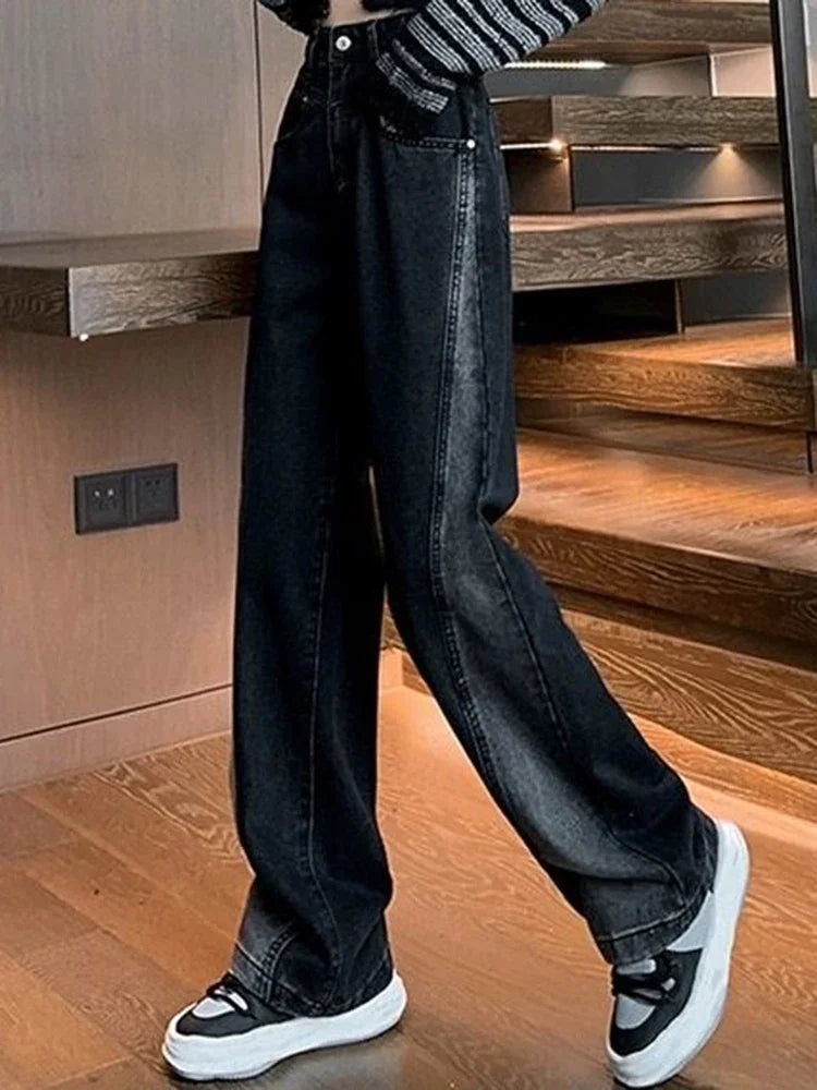 Woman High Waist Jeans Lady American High Street Patchwork Straight Leg Pants Girls Black Gray Contrast Color Wide Leg Trousers
