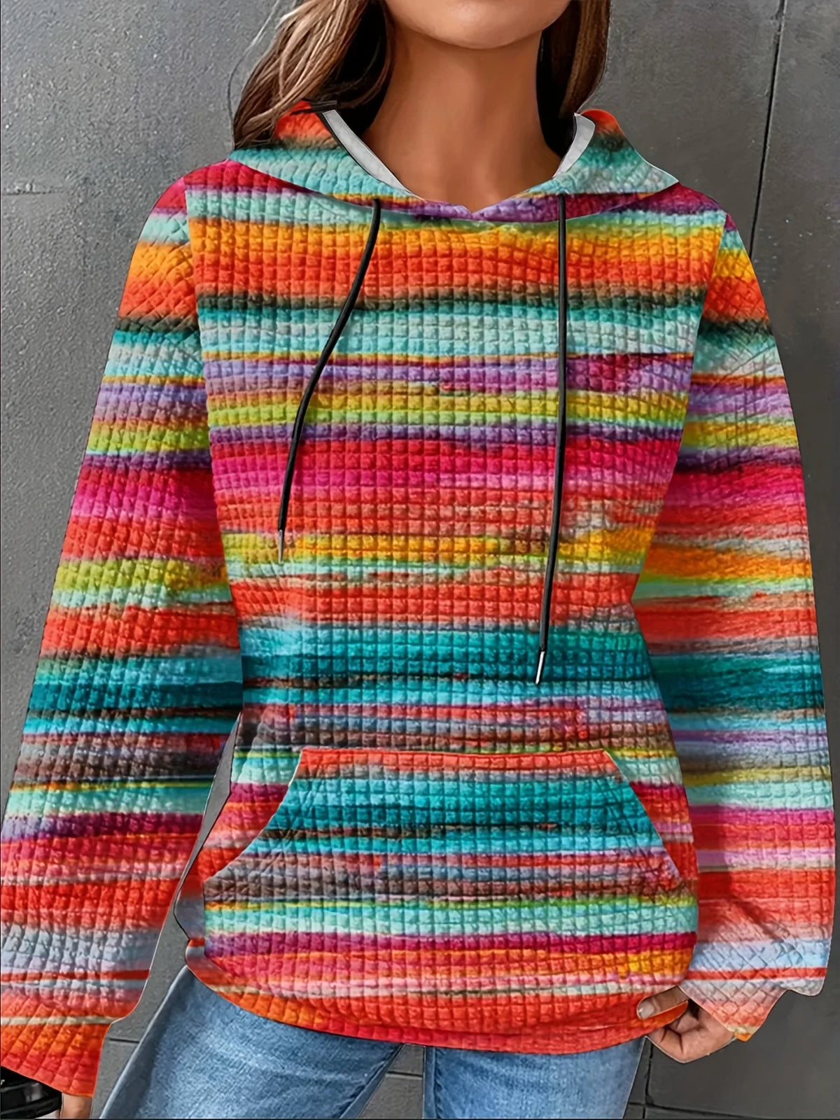 Women's Plus Size Striped Waffle Drawstring Hoodie Casual Long Sleeve Kangaroo Pocket Hooded Sweatshirt For Fall&Winter Clothing