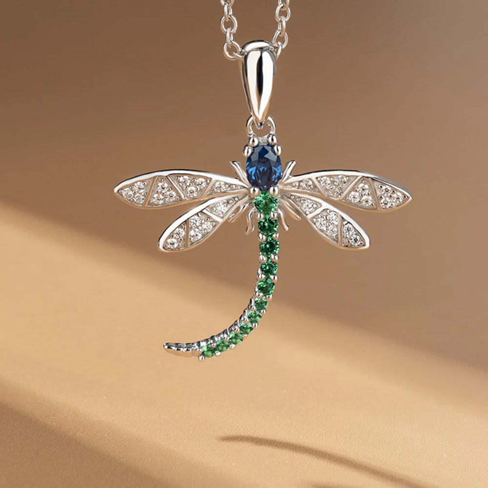 Huitan Exquisite Colorful Dragonfly Pendant Necklace for Women Paved Dazzling CZ Stone Cute Lady Necklace Party Fashion Jewelry