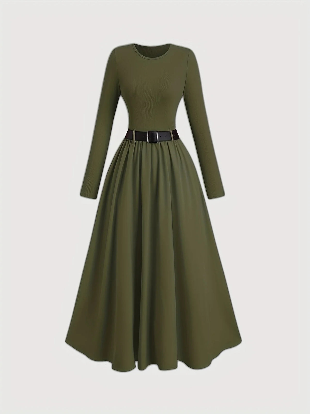 Women's Minimalist Classic Solid Color Long Sleeve Dress with Belt Elegant Casual All Match Daily Fashion