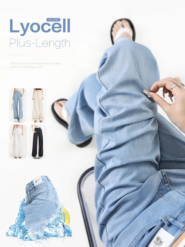 New Summer Soft Lyocell Jeans Women Blue Khaki White High Waist Straight Thin Wide Leg Denim Pants Y2k Loose Female Clothing 2XL