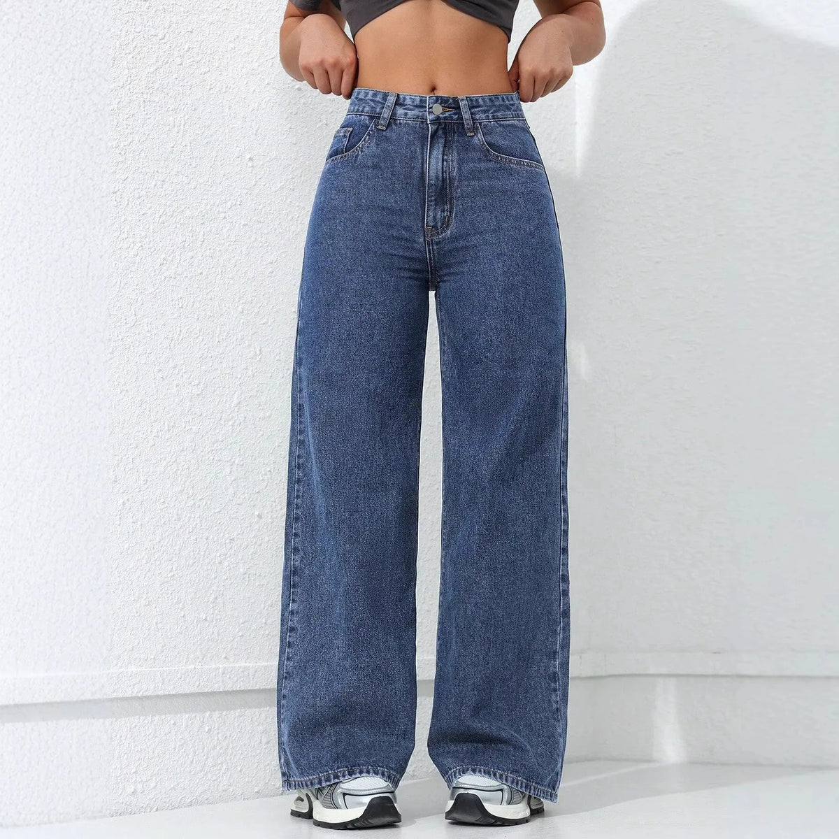 American Style Wide Leg Denim Jeans Women's Vintage Loose Slim Straight Floor-Length Casual High Waist Jeans