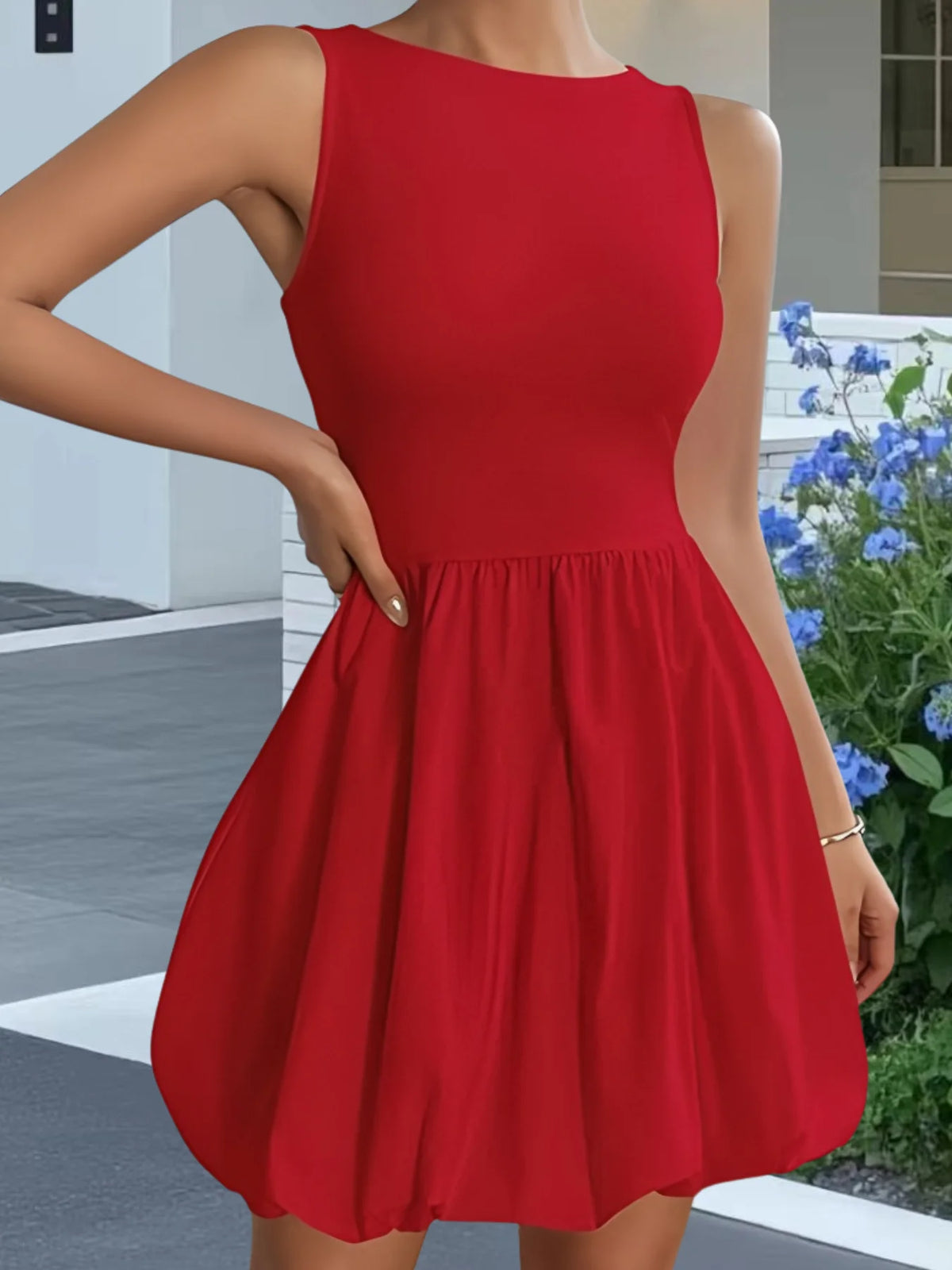 Elegant Ladies Crew Neck Sleeveless Short Dress High Waist Gathered Bubble Skirt With Pockets Slim Fit Solid Casual Summer Holid