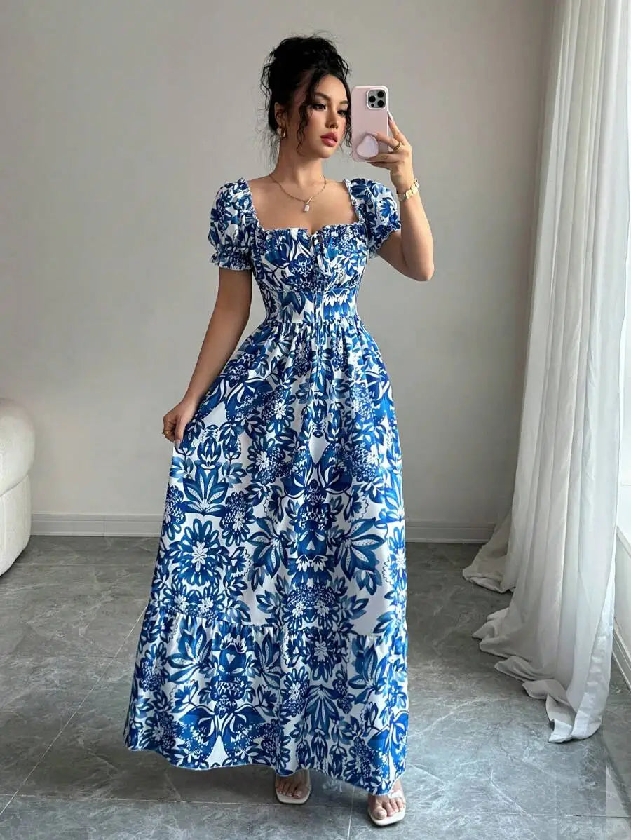 Elegant Blue Floral Print Dress for Women with Bubble Sleeves Long Casual Vacation Front Tie Back Gathered Waist