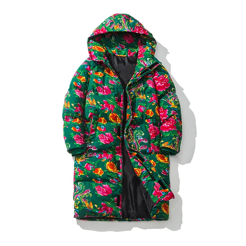 Northeast China Male Parkas High Quality Coat Warm Hooded Clothes Flower Chinese Style Flower Cotton Coat
