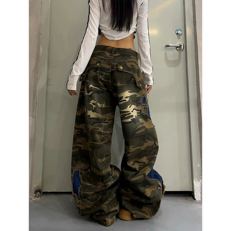 American Style Vintage Street Style Camouflage Patchwork Women's Jeans With Casual Frayed Edges Wide Leg Pants Autumn
