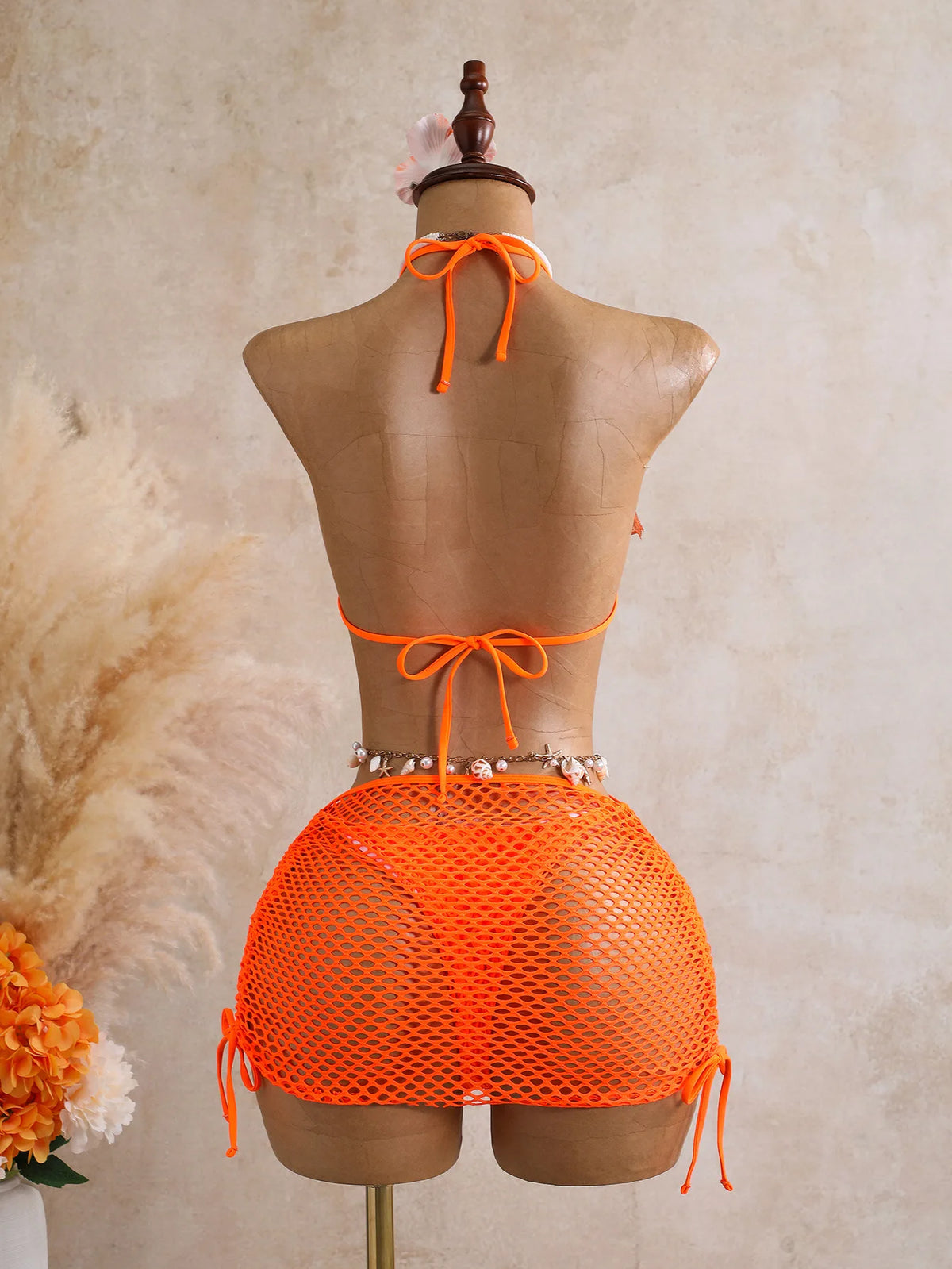 Women Solid Mesh Crochet 3 Piece Bikini Set Embroidery Floral Halter Triangle Top Side Drawstring Cover Up Skirt Swimwear