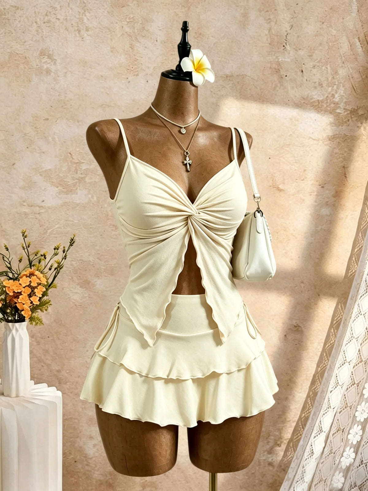 Women Twist Front Cut Out Cami Top & High Waist Ruched Mini Skirt 2 Piece Outfit Set 2026 Summer Y2K Solid Beige Sleeveless Vaca