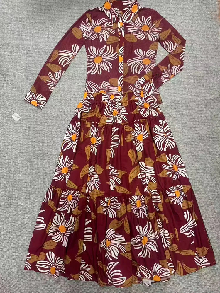 Set Women's Two-piece 2026 Spring Women's Clothing Retro Geometric Print Lapel Straight Shirt Two-piece Set + Shirring Loose Skirt Fashion Suit