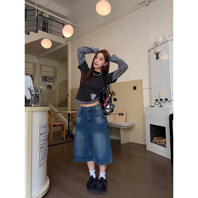YIBASHU Women American Retro Embroidery Jorts Jeans Shorts Y2K 2000s Harajuku Calf-Length Denim Pant Japanese High Street Grunge