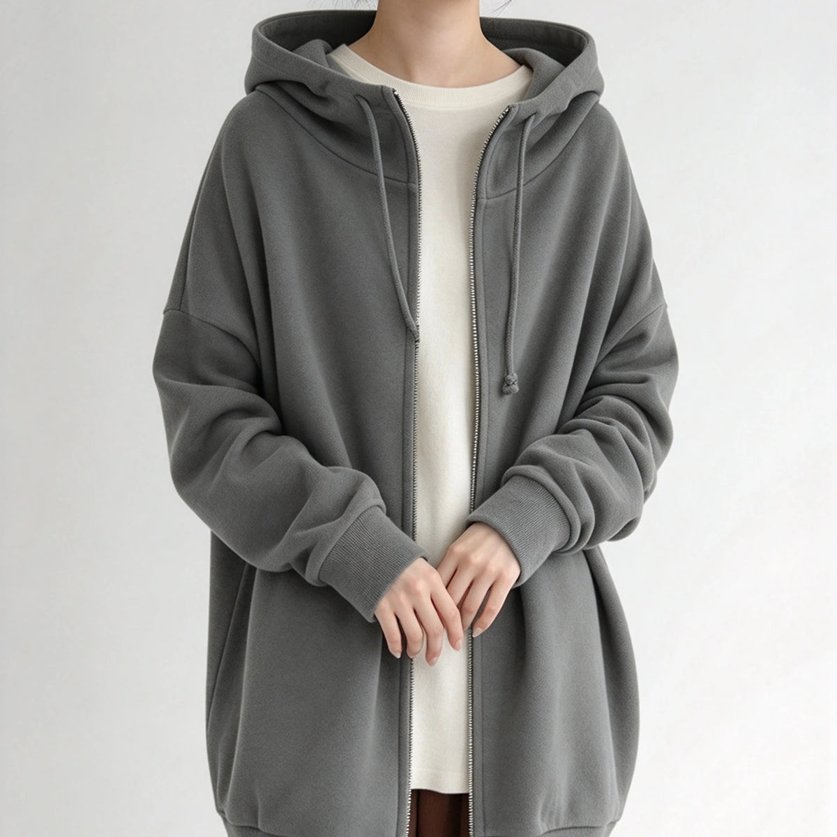 Women Oversized Long Hooded Zip Up Sweatshirt, Casual Loose Mid Length Hoodie Jacket With Pockets, Fake Two Piece Hem Outerwear