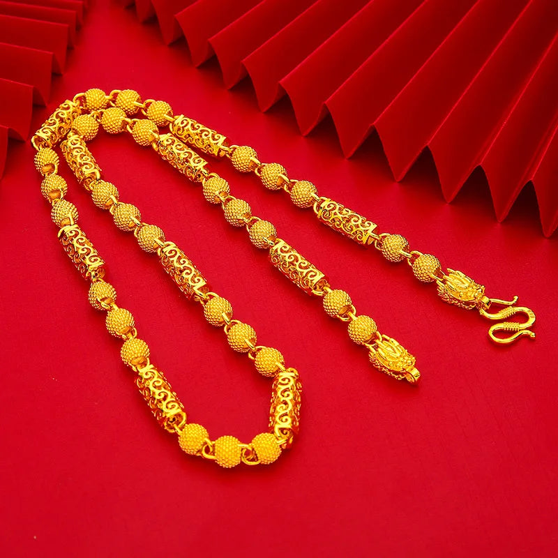 Necklace Personality Trendy 8mm 60cm Dragon Head Bold Hollow Necklace For Men 24K Gold AU999, Fashion Solid Gold Men Necklace