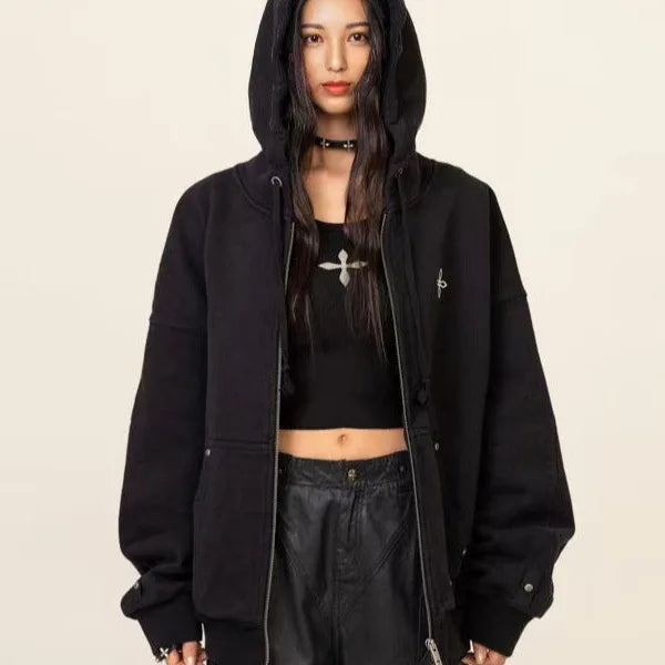 Classic Zip Hoodie Metal Rivet Loose Hooded Sweater Jacket