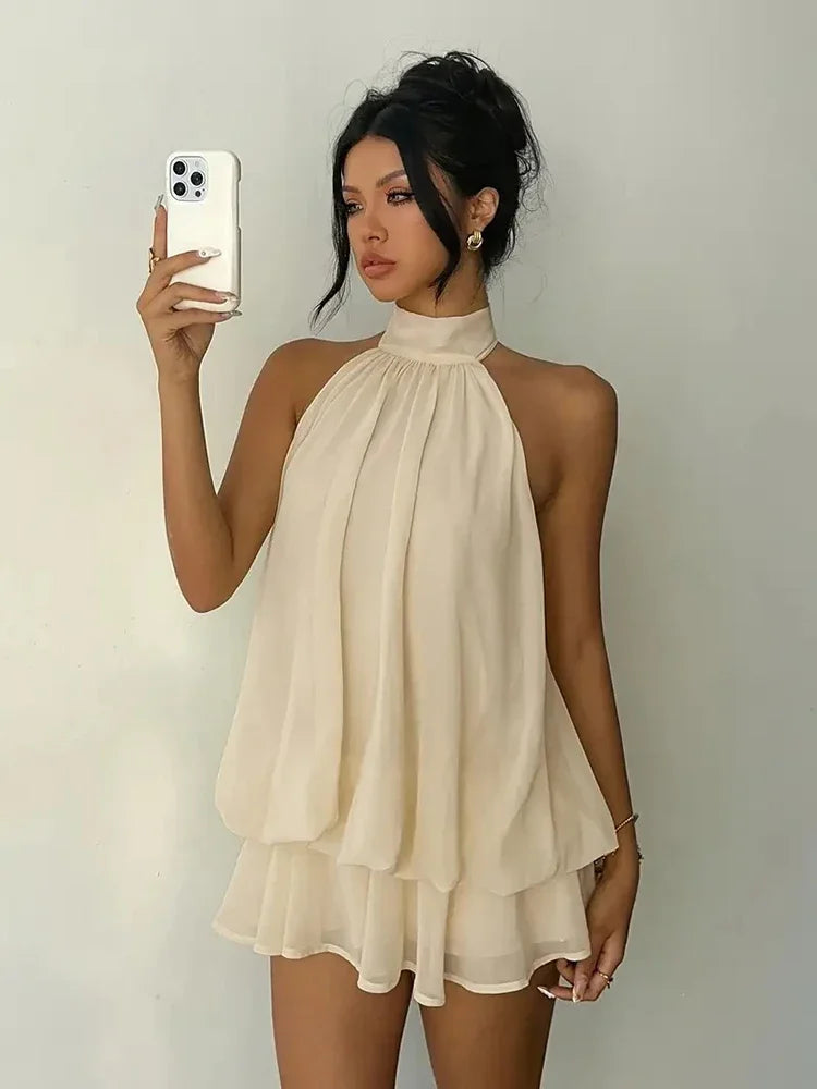 Women Halter Neck Chiffon Mini Dress Sleeveless Tiered Ruffle Flowy Dress Solid Loose A Line Summer Party Beach Casual Sundress