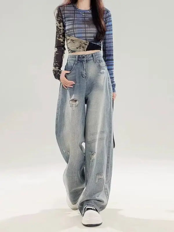 Retro American Washed Denim Jeans High Waist Loose Slim Straight Leg Wide Leg Long Pants Women Summer Style Casual Jeans