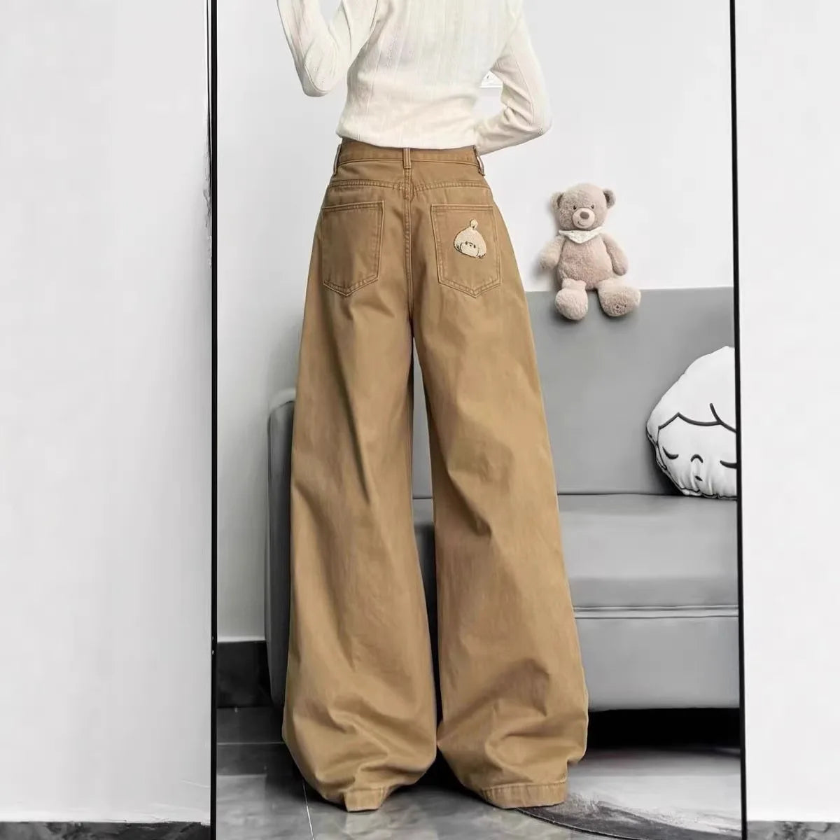 Women Maillard Style Khaki Embroidered High Waist Wide Leg Jeans Loose Casual Pants