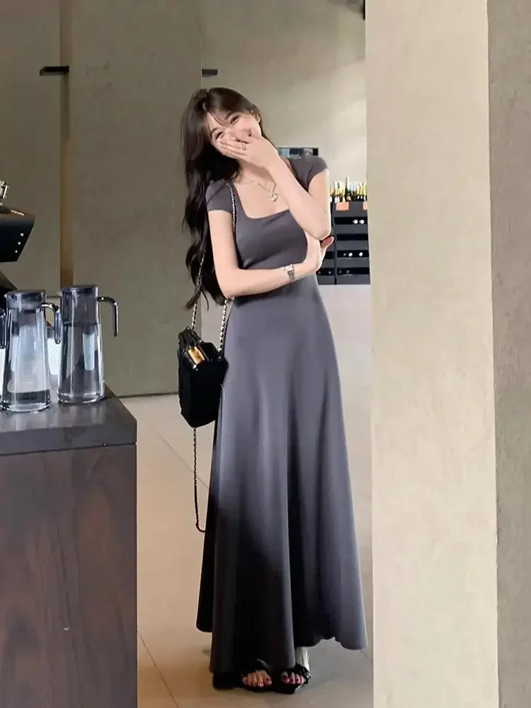 PTKPCC Summer Waist-fitted Elegant French Style Women's Grey Short Sleeve Tank Dress Long Dress Sexy Dress