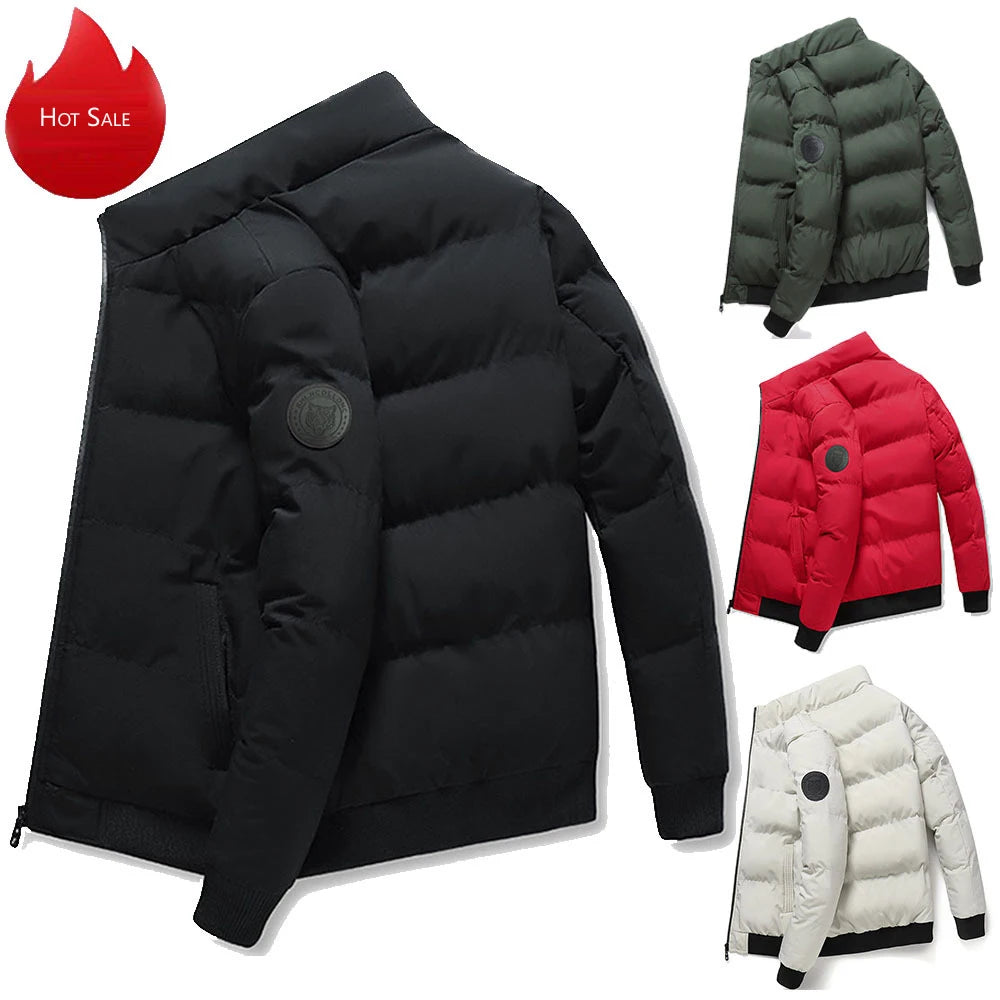 Men Stand Collar Puffer Jacket Solid Color Zip Up Warm Winter Coat Casual Lightweight Bubble Outwear With Circle Patch