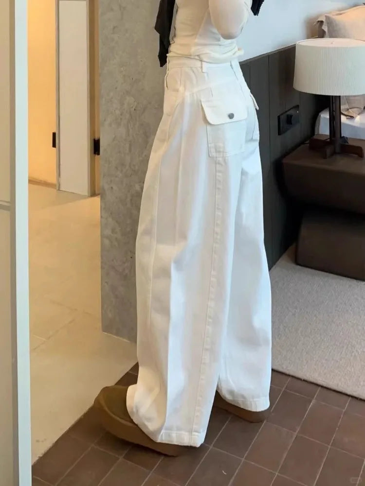 Baggy Barrel Leg White Jeans Women's Wide Leg Loose Oversized Denim Pants Spring Fashion Korean Style Y2K Pants Streetwear