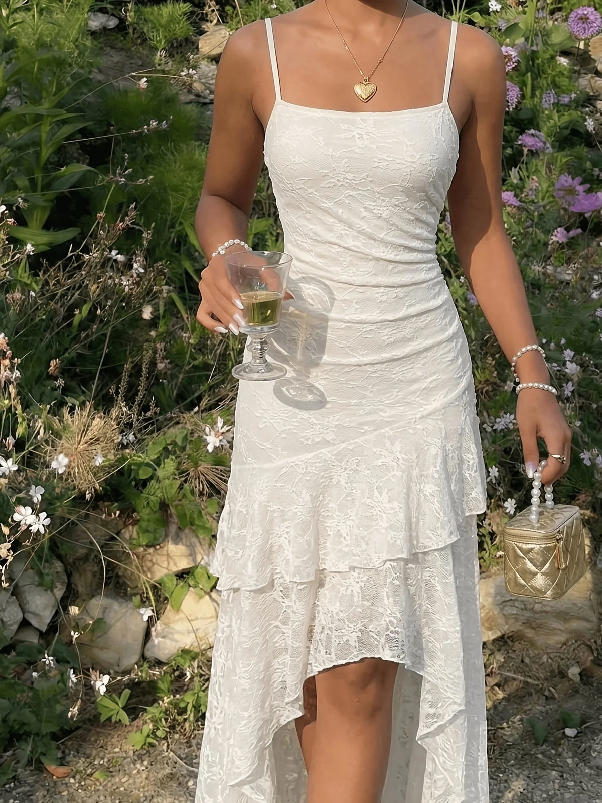 Women Romantic Elegant Jacquard Textured Tiered Ruffle Maxi Slip Dress, Slim Spaghetti Strap Long Dress