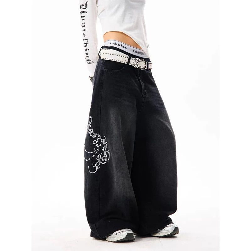 YIBASHU Women Vintage Embroidery Y2K Baggy Jeans Female High Waist 2000s Wide Leg Denim Pants American Retro Harajuku Trouser