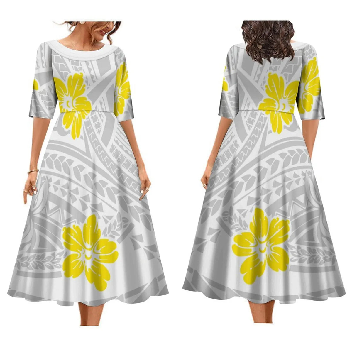 Hot Selling Custom Mother's Day Gift White Sunday Design Polynesian Tribal Printed Midi Dress Summer Hawaiian Dresses Vestidos