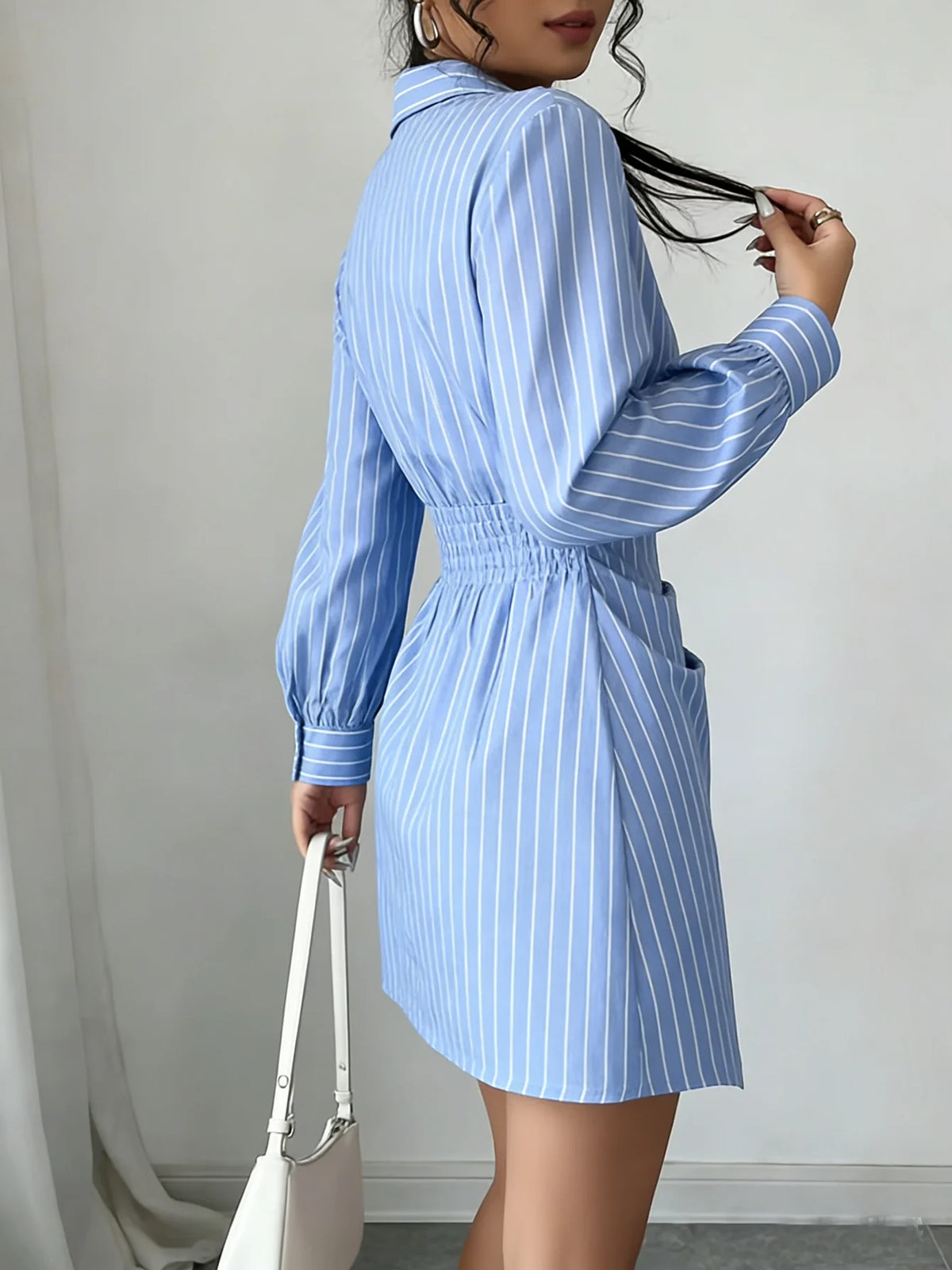 Women Casual Dresses Long Sleeve Striped Wrap Waist Shirt Dress Elegant Spring Summer Office Brunch Lightweight Mini Dress