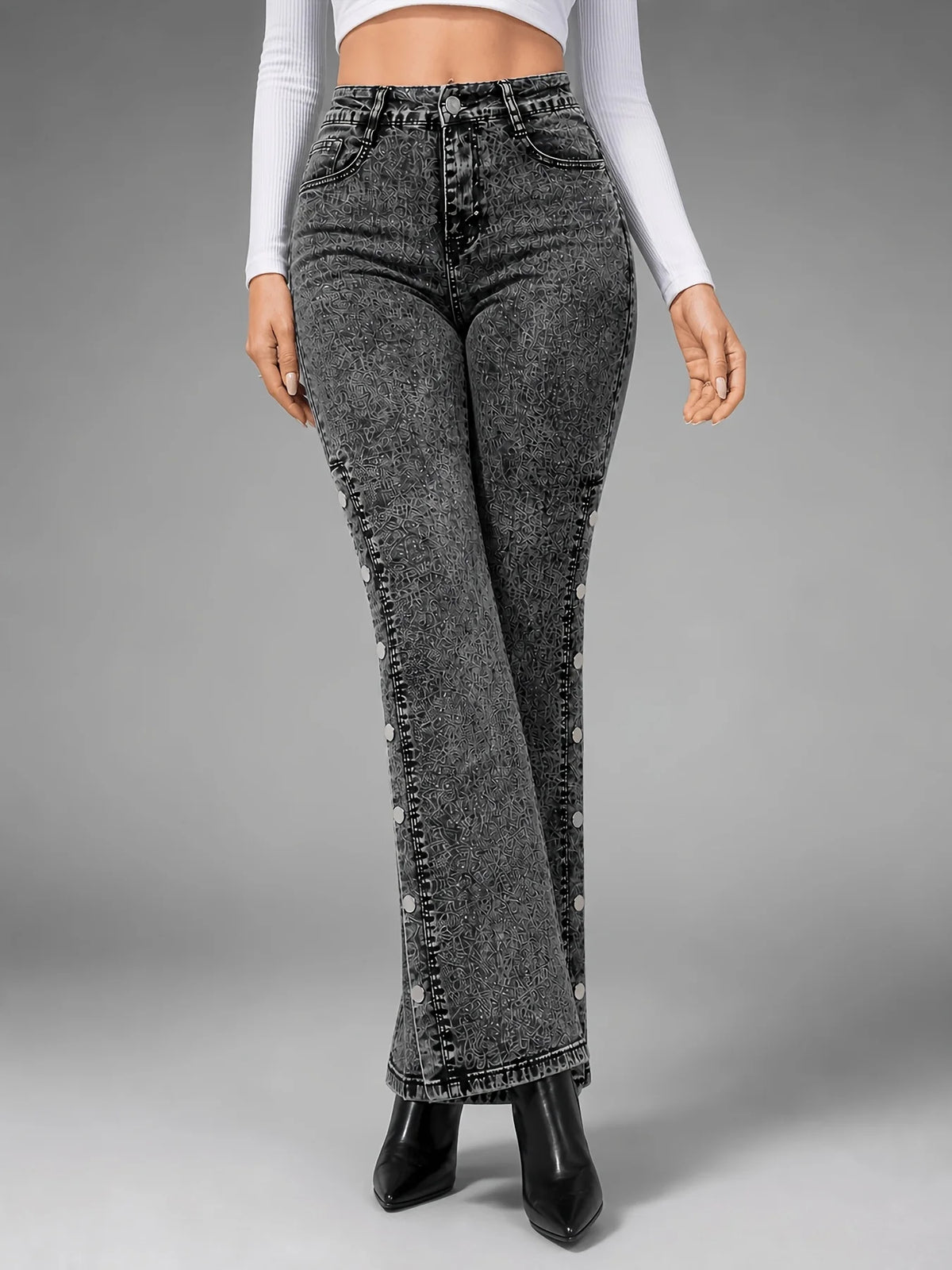 Classic and retro stretch flared jeans for women, with a mid-waist side slit and multi-button design, slimming and lifting the buttocks, elegant and fashionable, versatile, perfect holiday gift, autumn jeans for wo