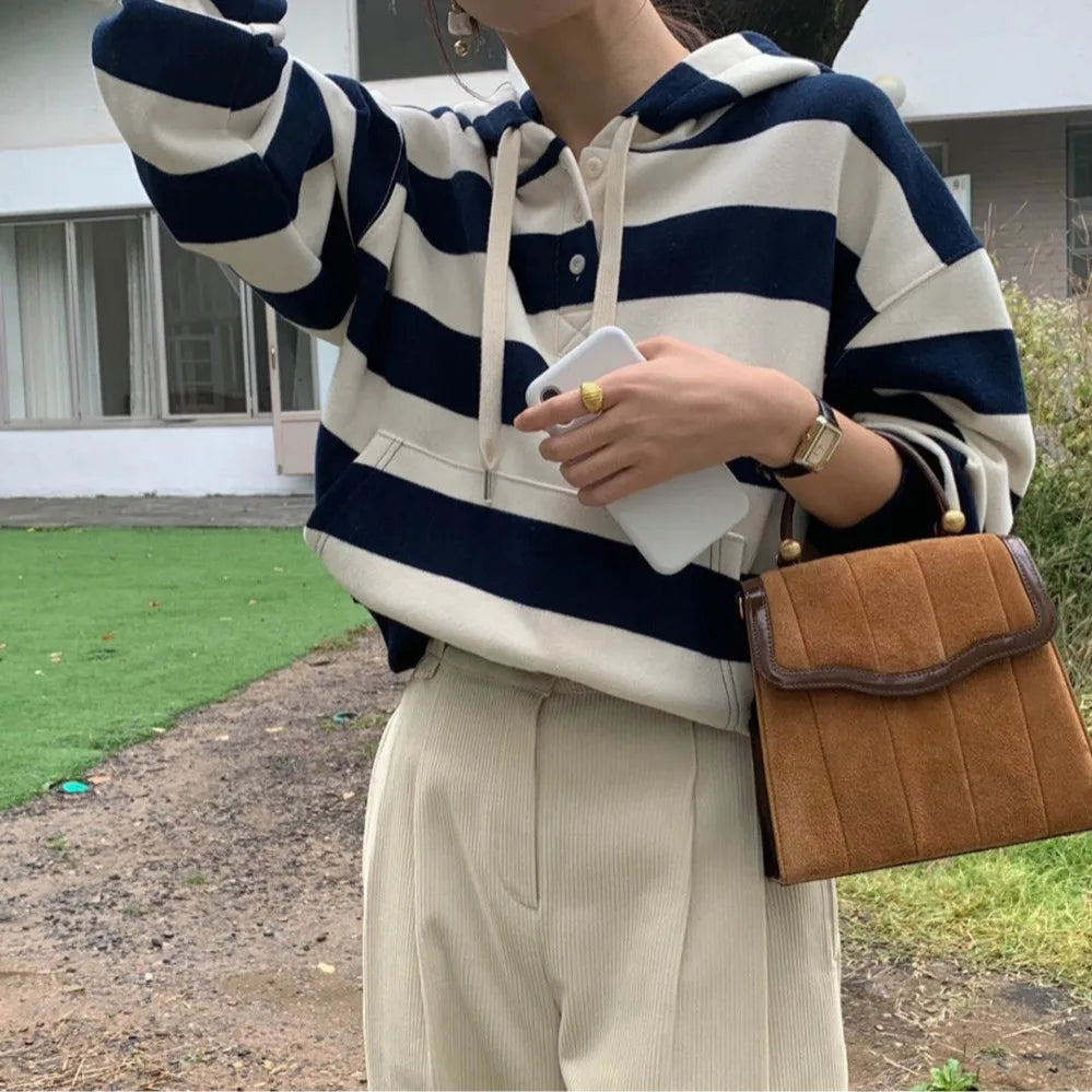 Korean Chic Striped Hoodie Women's Design Sensation Lazy Top High-End Feeling Early Autumn Polyester Fiber 100% Loose Fit