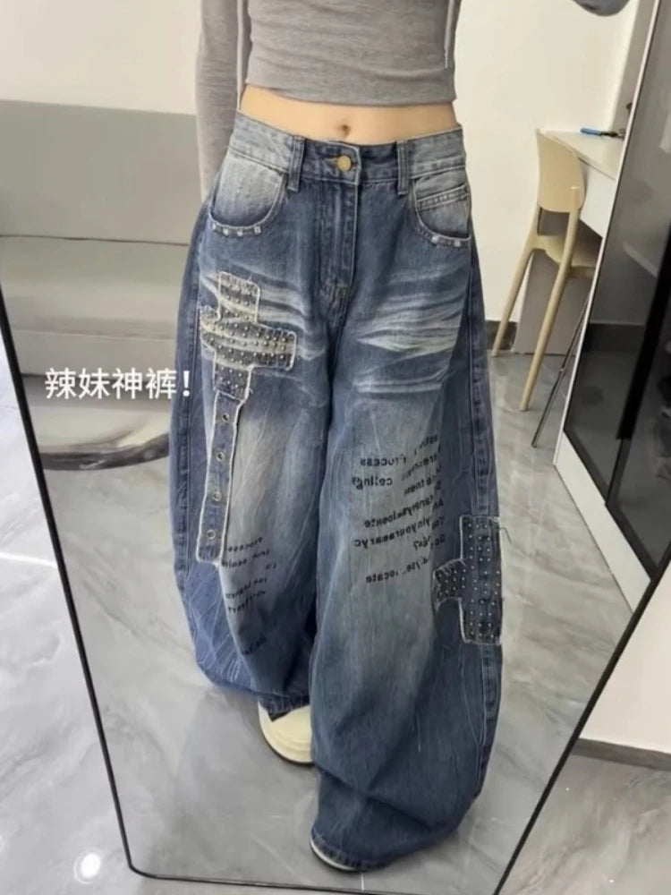 Women Harajuku Streetwear Y2K Baggy Jeans High Street Wide Leg Curved Knife Denim Pants Vintage Washed Letter Design Trousers