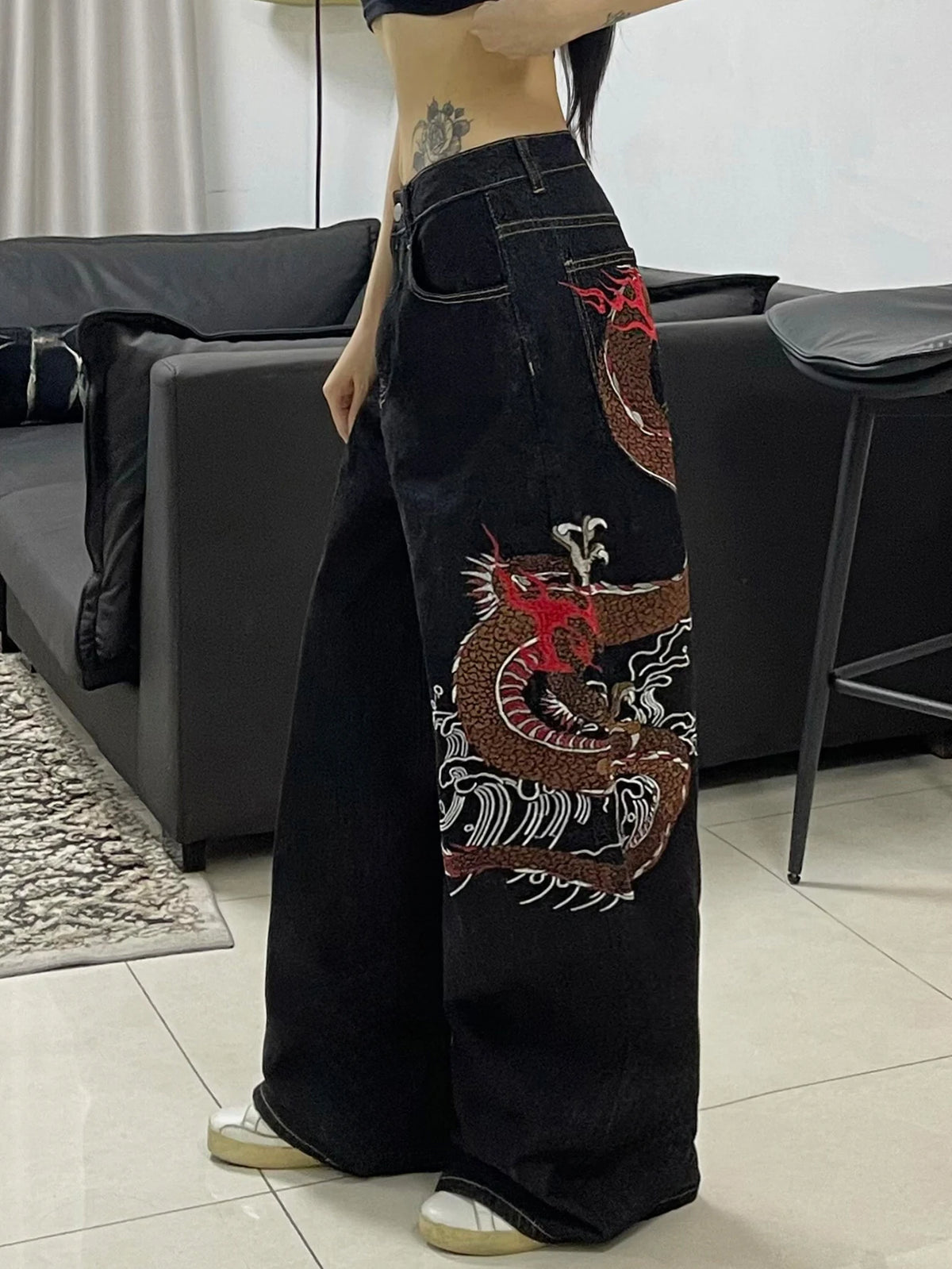 1PC High Street Heavy Industry Dragon Pattern Embroidery Loose Jeans for Women, Retro Fashion Versatile Black Wide Leg Pants
