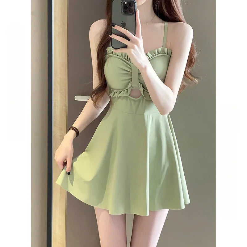 Swimsuit Women's 2025 Summer One-piece Thin Conservative Skirt Avocado Green High-end Sensual Hot Spring Swimsuit