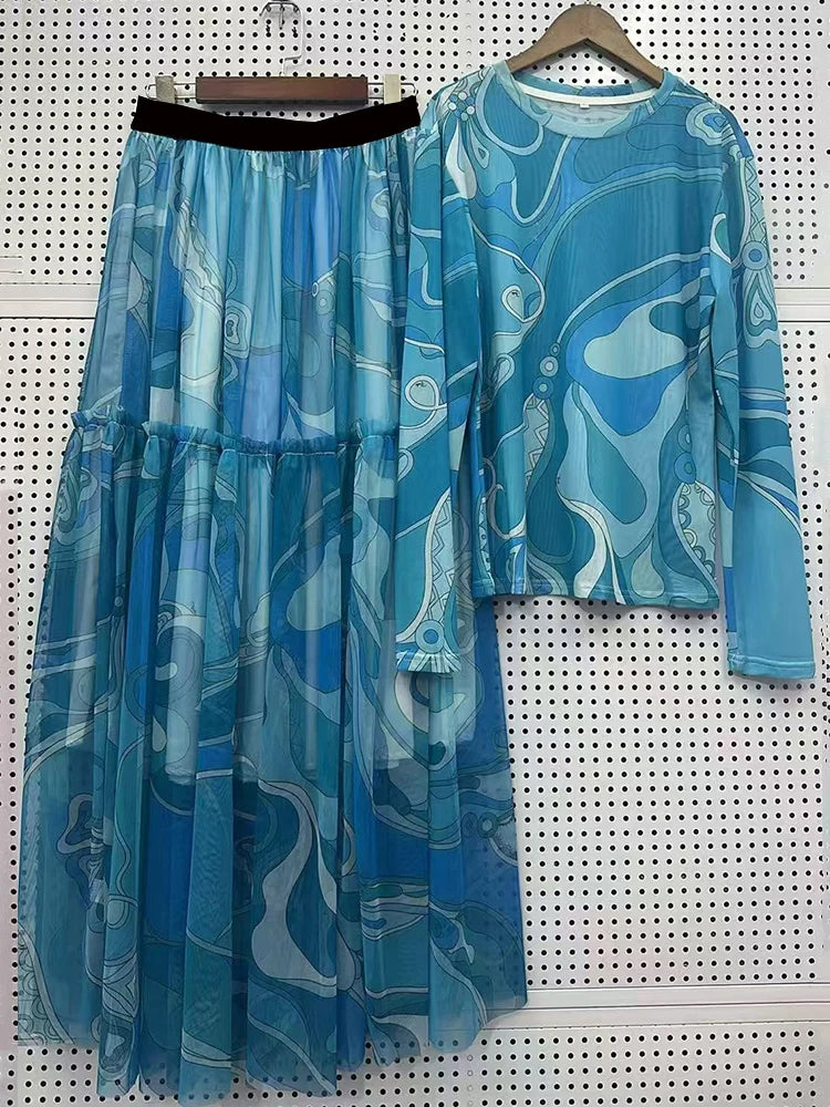 Set Retro geometric print knitted mesh long-sleeved T-shirt two-piece set 2026 autumn women's wear + shirring loose skirt suit