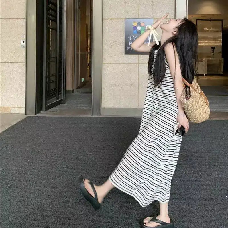 Summer Loose Casual Stripe Strap Dress Women's Knee-Length Beach Vacation Beach Long Skirt Slimming Stripe Knitted Dress