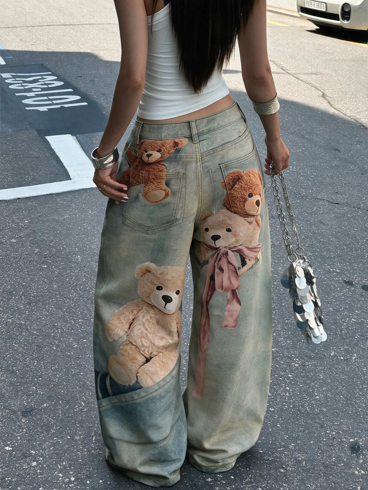 Jeans American Vintage Distressed Washed Cartoon Bear Print Baggy Jeans Y2K Street Hip-Hop Trendy High-Waist Slimming Youthful Wide-Leg Pants For Women
