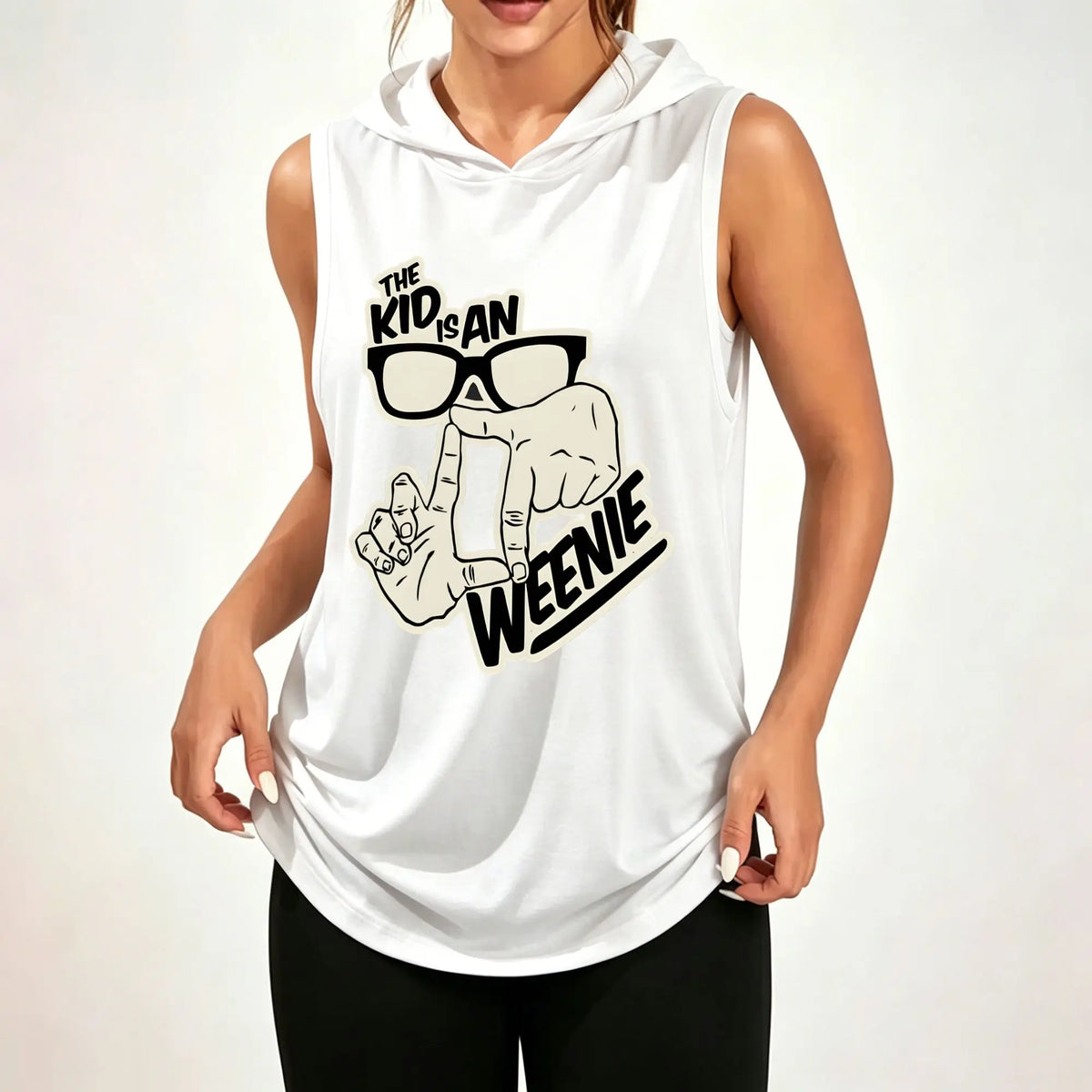 Women Sleeveless Hooded Tank Top Funny "The Kid Is An Weenie" Hand Gesture Glasses Graphic Print Sleeveless Hood Tank Top ****