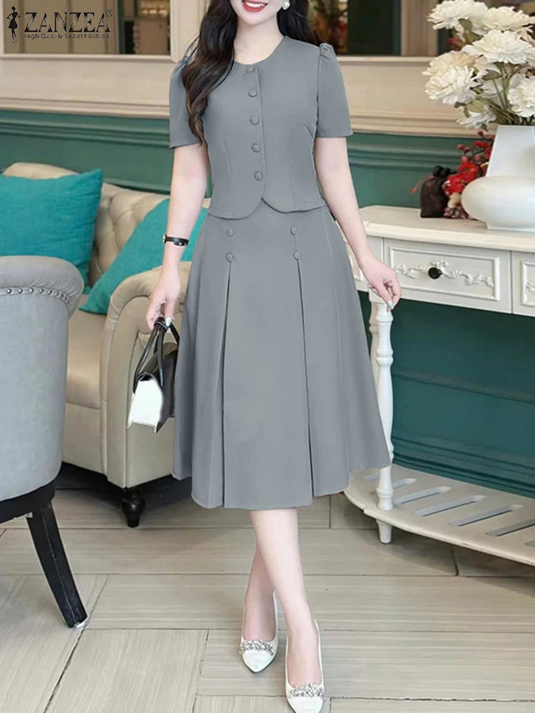 Pleated Skirts Sets Women Short Sleeve Shirts With Skirts Fashion Outfits 2025 ZANZEA Casual Korean Japanese Style Matching Sets